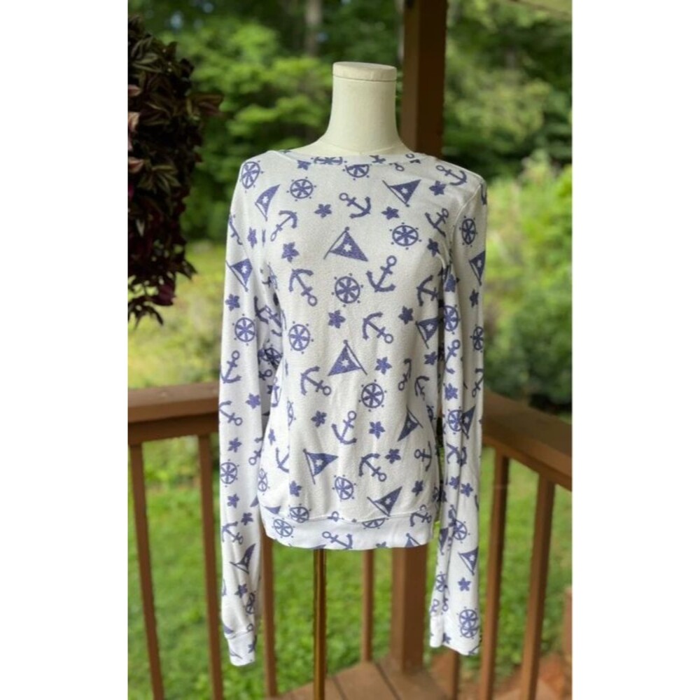 Wildfox Nautical Anchor Print Pullover Sweater Size M White Blue